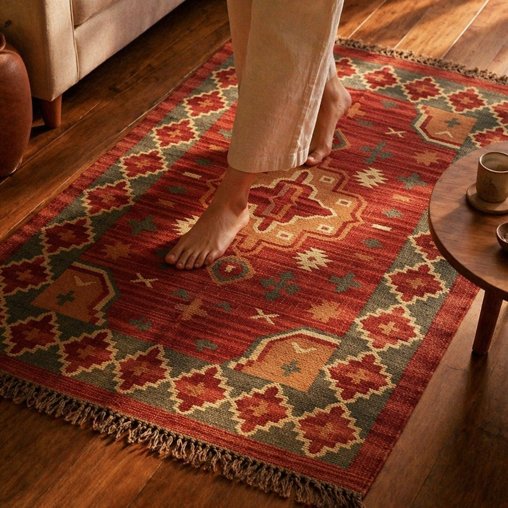 Geometric Rust Punja-Woven Jute and Wool Rug, The Woven Floor. Handmade in India by House of Taraasha.
