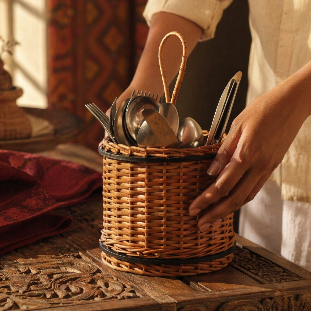 Kashmir Willow Wicker Cutlery Caddy, The Wicker House. Handmade in India by House of Taraasha.