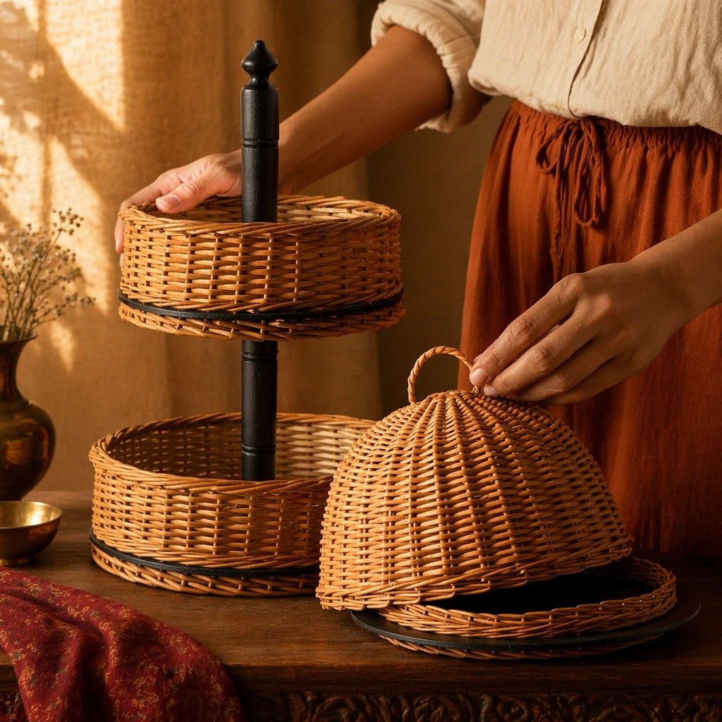 Kashmiri Willow Wicker Cloche & Two-Tier Fruit Basket, The Wicker House. Handmade in India by House of Taraasha.