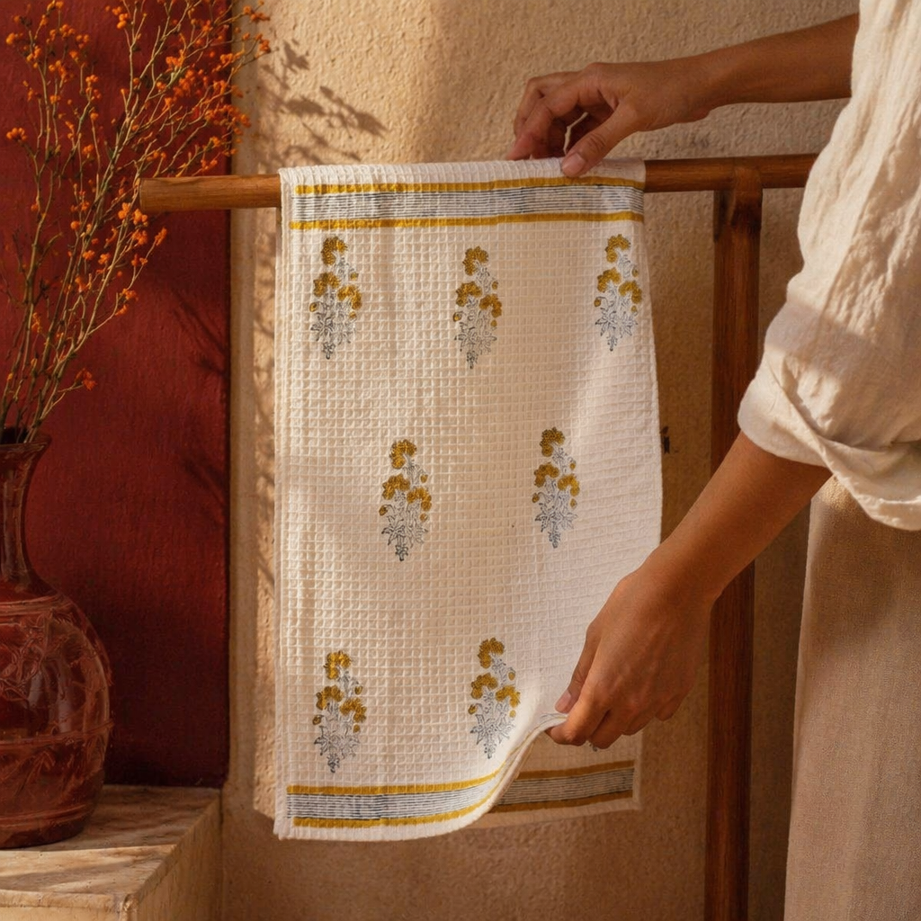 Yellow Floral Hand Block-Printed Cotton Hand Towel, The Linen Room. Handmade in India by House of Taraasha.
