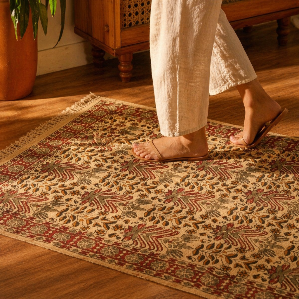 Kalamkari Floral Handwoven Block-Printed Cotton Rug, The Woven Floor. Handmade in India by House of Taraasha.