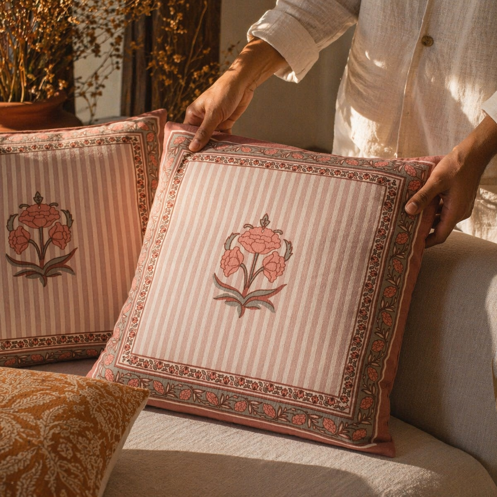 Royal Courtyards Dusty Pink Floral Cotton Cushion Cover, The Living Room. Handmade in India by House of Taraasha.