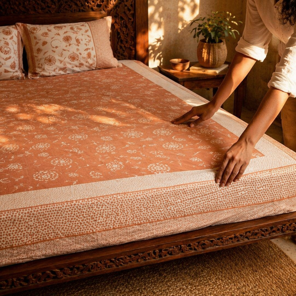 Rust & Off-White Marigold Motif Bedsheet, The Linen Room. Handmade in India by House of Taraasha.