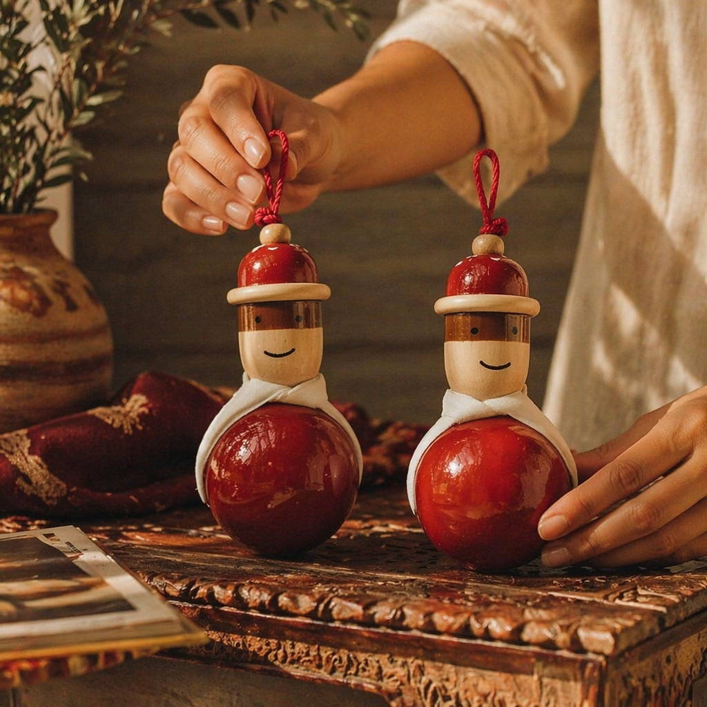 Channapatna Lacquered Wooden Dolls Natural Dyes Pair, Still Light. Handmade in India by House of Taraasha.
