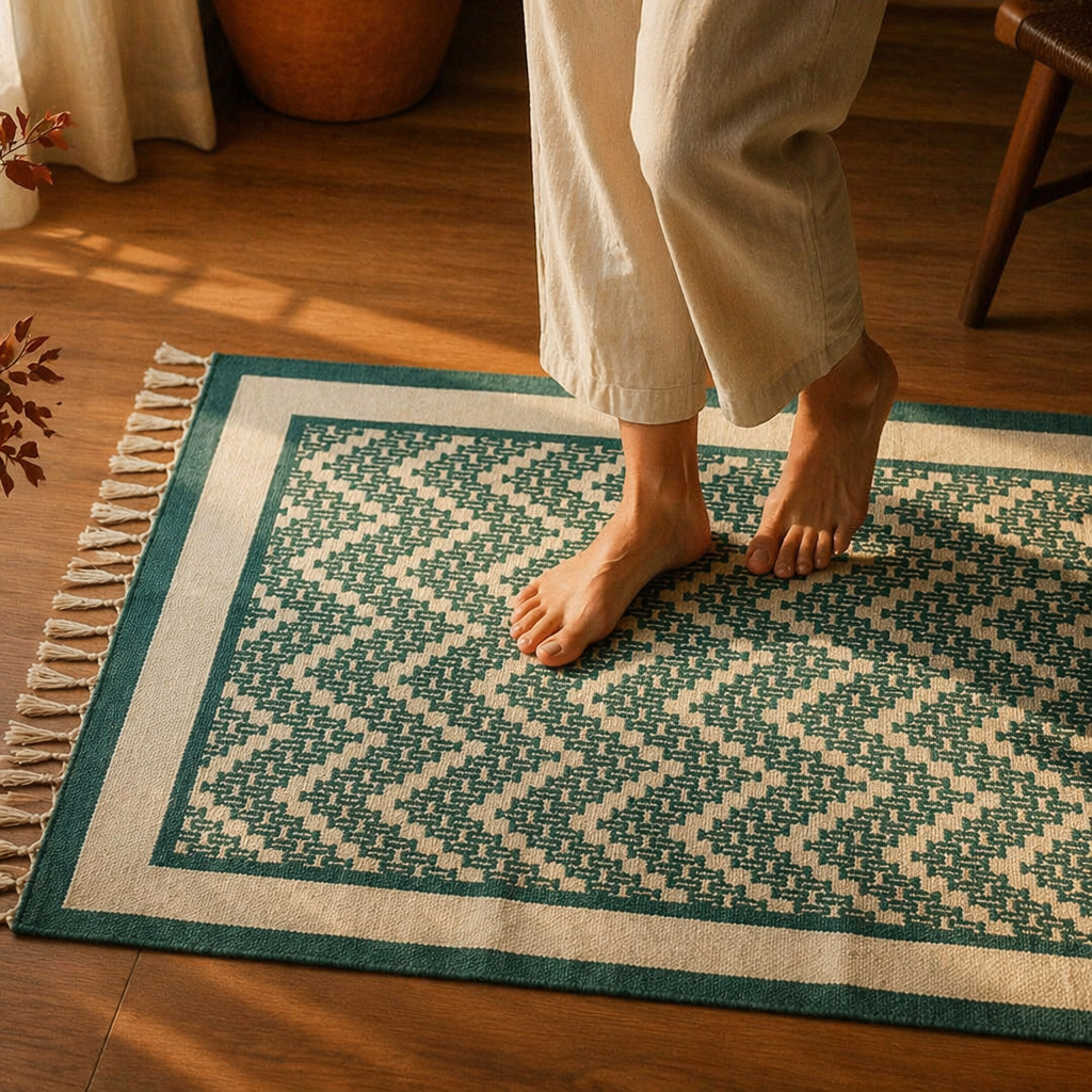 Ivory Chevron Hand Block-Printed Cotton Chintz Rug, The Woven Floor. Handmade in India by House of Taraasha.