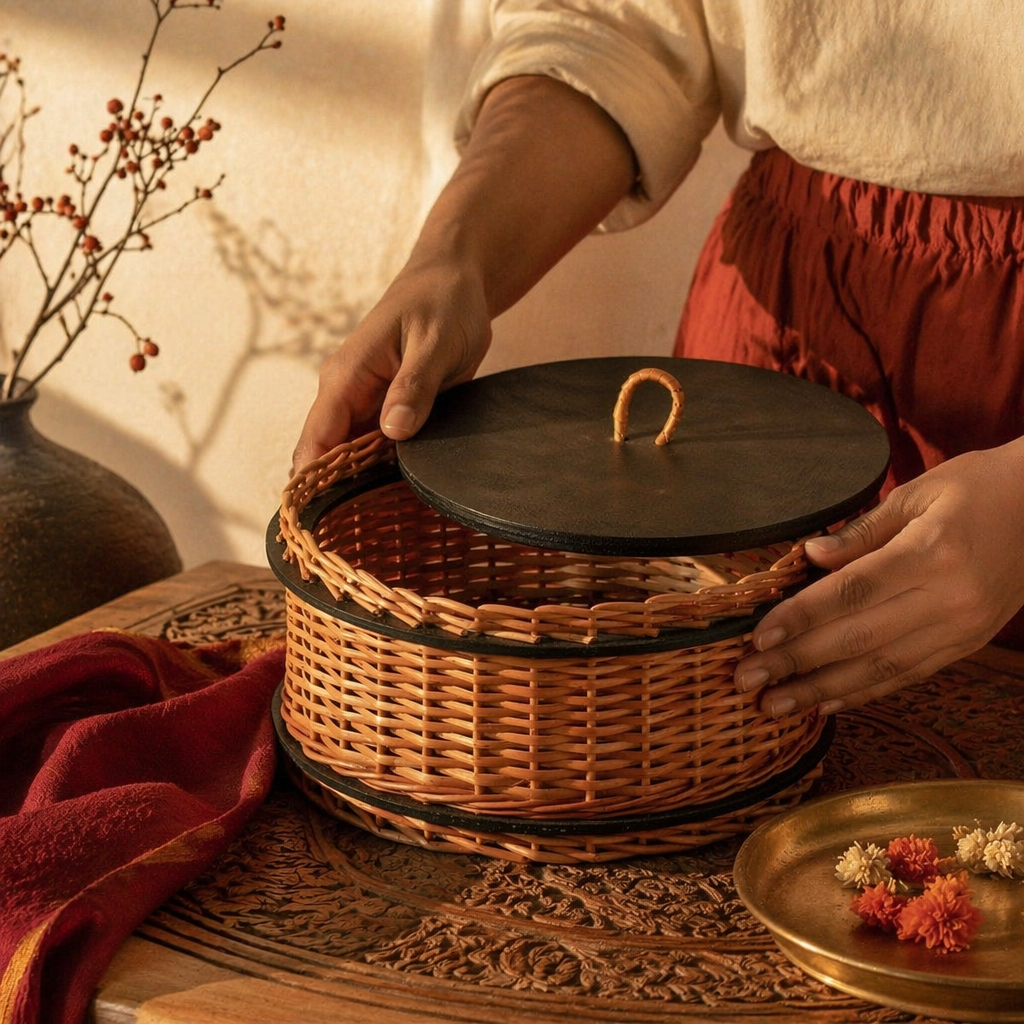 Kashmir Willow Lidded Wicker Storage Box, The Wicker House. Handmade in India by House of Taraasha.