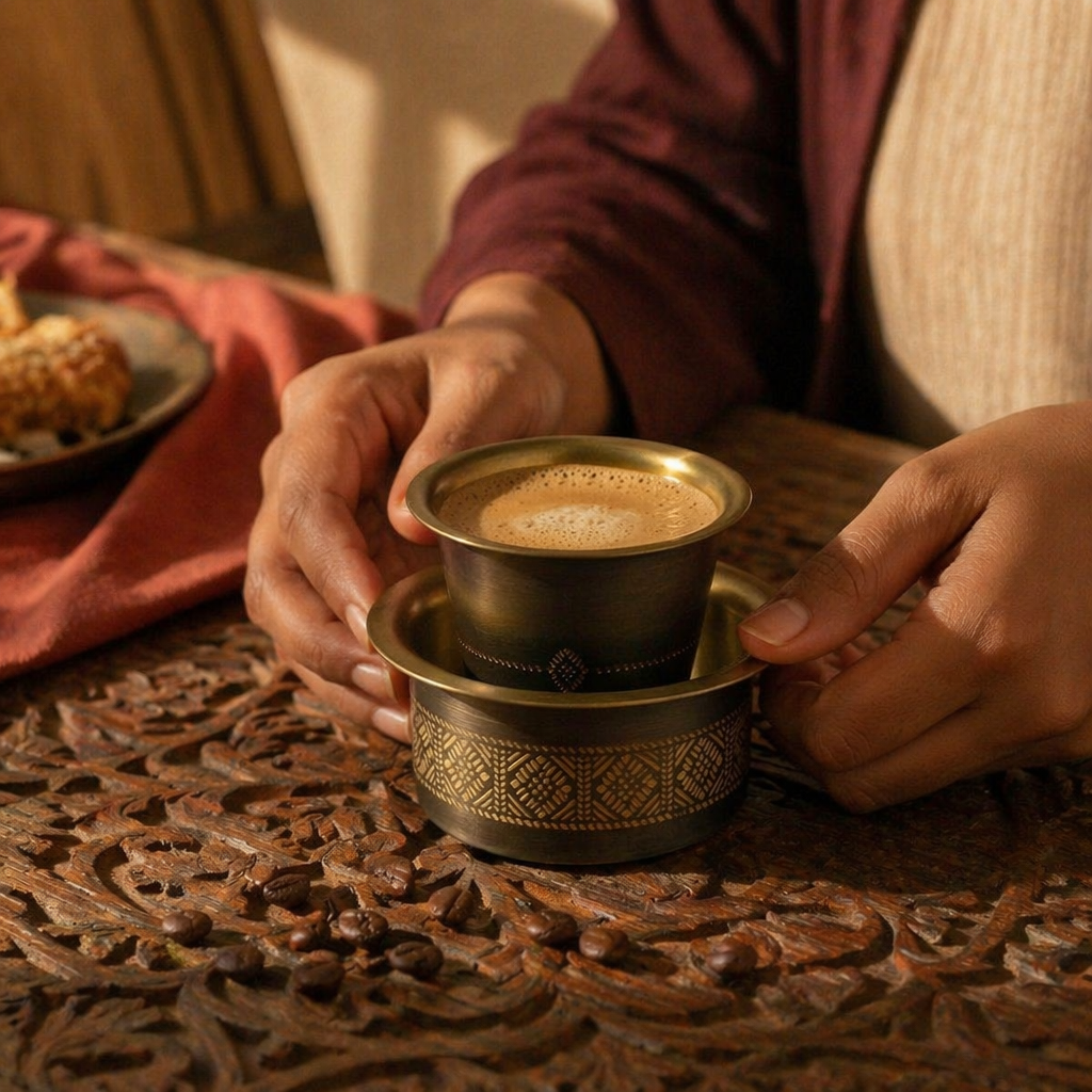 Kanjeevaram Antique Brass Filter Coffee Dabara Set, The Brass Atelier. Handmade in India by House of Taraasha.