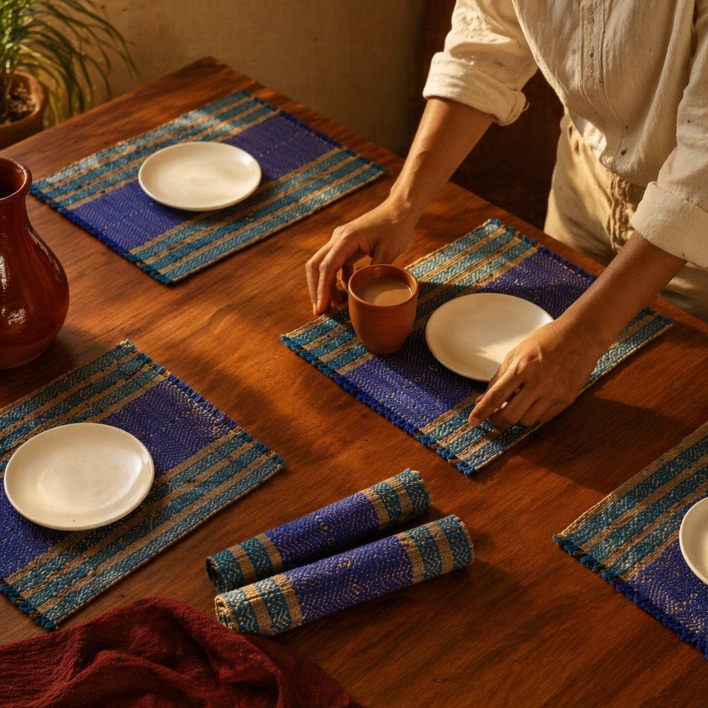 Teal & Cobalt Blue Madur Grass Table Mat, The Gathered Table. Handmade in India by House of Taraasha.
