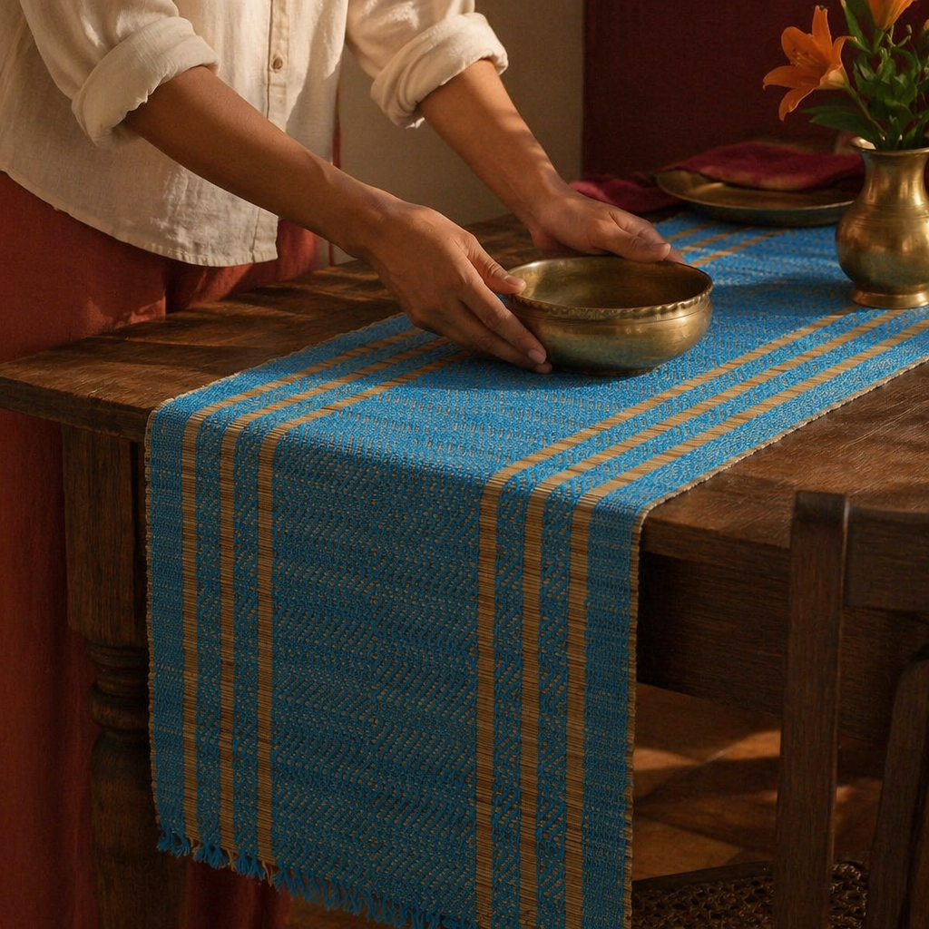 Madur Blue Handwoven Grass Runner, 4-Seater, The Gathered Table. Handmade in India by House of Taraasha.