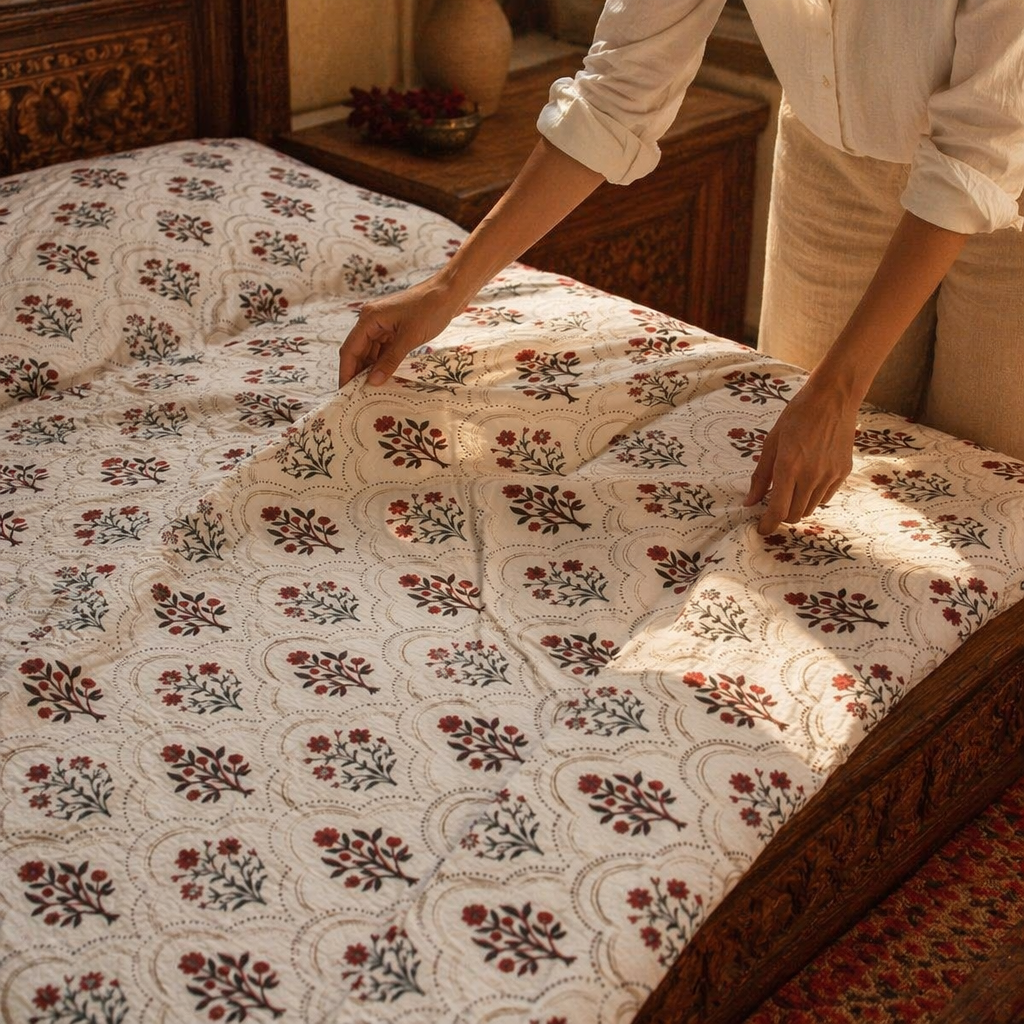 Ornate Florals Rust and Maroon Reversible Quilt, The Linen Room. Handmade in India by House of Taraasha.