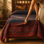 Chintz Navy Blue and Brick Red Bed Cover, The Linen Room. Handmade in India by House of Taraasha.