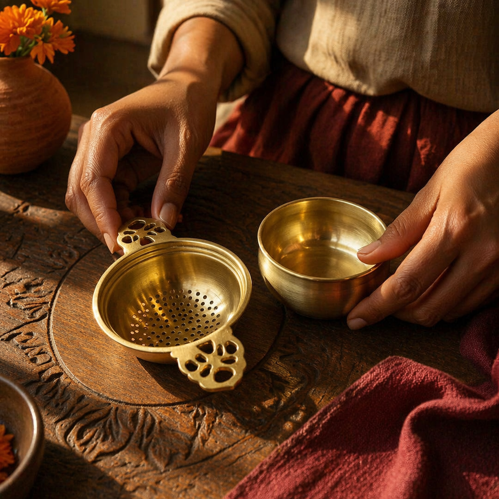 Moradabad Brass Tea Strainer with Rest, The Brass Atelier. Handmade in India by House of Taraasha.