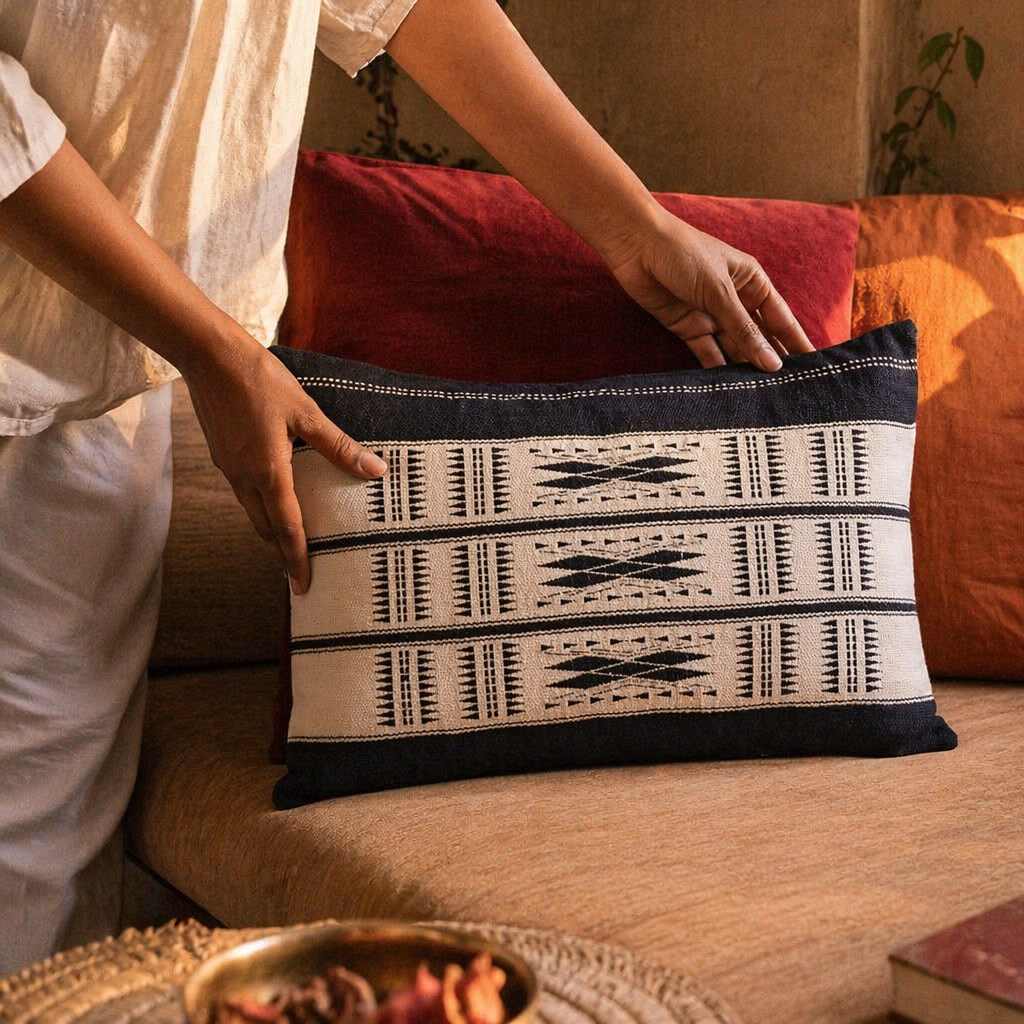Naga Tribal Backstrap-Loom Rectangular Monochrome Cover, The Living Room. Handmade in India by House of Taraasha.