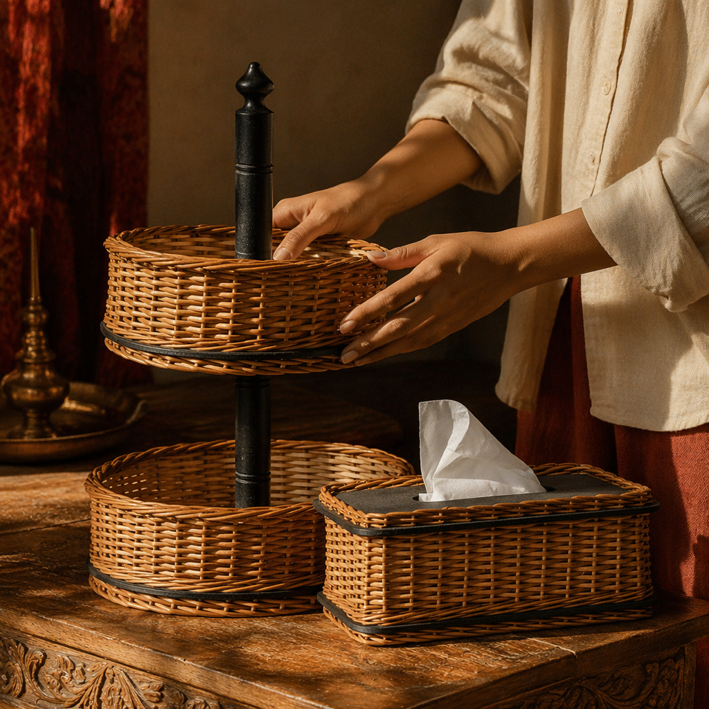 Kashmiri Willow Wicker Fruit Basket & Tissue Box, The Wicker House. Handmade in India by House of Taraasha.