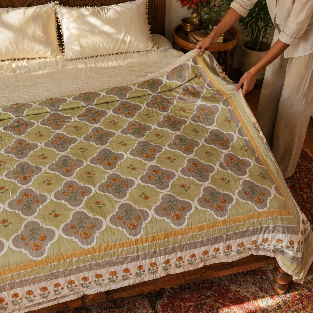 Sage Green Marigold Mulmul Quilt, The Linen Room. Handmade in India by House of Taraasha.