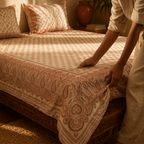 Sanganer Hand-Printed Cotton Bedsheet, Peach & Ivory, The Linen Room. Handmade in India by House of Taraasha.