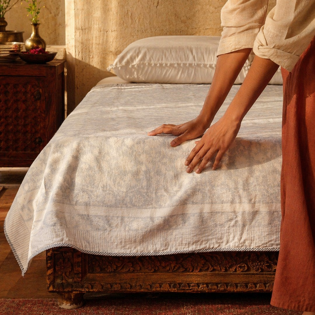 Sanganer Mulmul Hand-Printed Cotton Dohar, The Linen Room. Handmade in India by House of Taraasha.