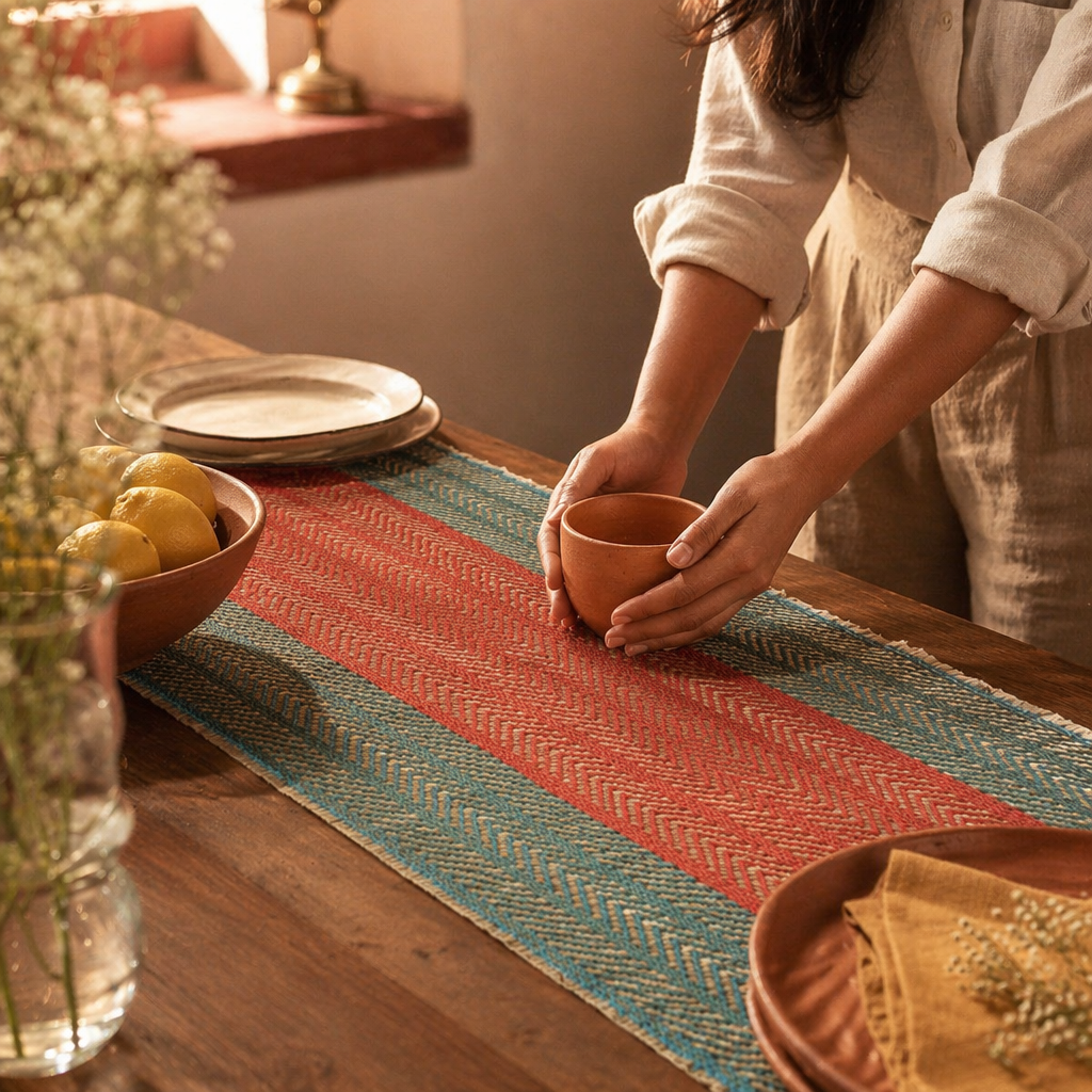 Madur Teal & Red Handwoven Grass Runner, The Gathered Table. Handmade in India by House of Taraasha.