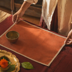 Crochet-Edged Table Mats Rust and Off-White, The Gathered Table. Handmade in India by House of Taraasha.