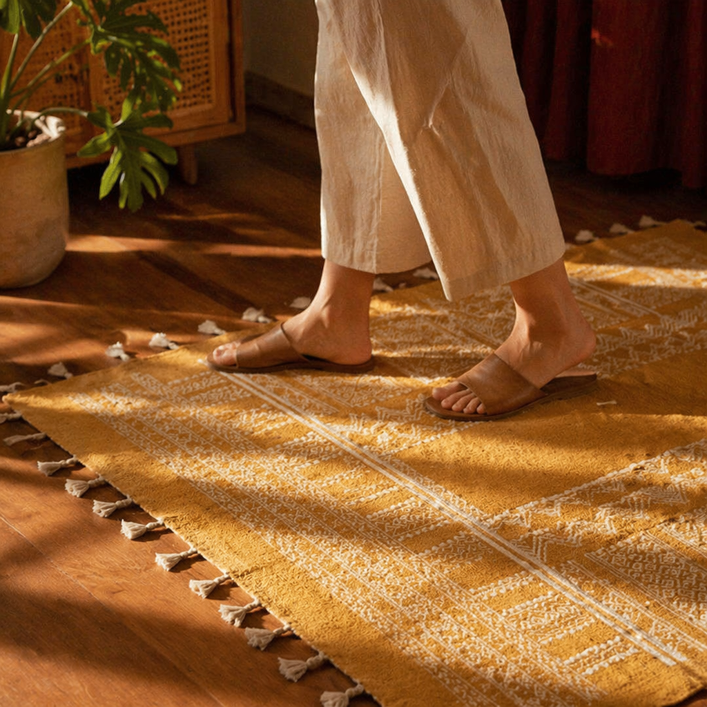 Mandana Mustard Hand-Printed Tribal Pattern Cotton Rug, The Woven Floor. Handmade in India by House of Taraasha.