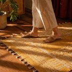 Mandana Mustard Hand-Printed Tribal Pattern Cotton Rug, The Woven Floor. Handmade in India by House of Taraasha.