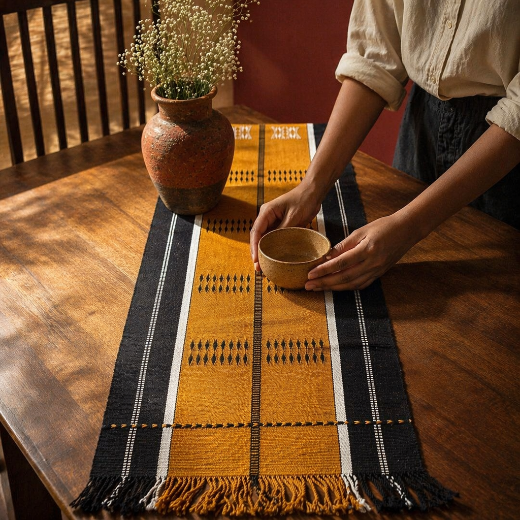 Naga Backstrap-Woven Runner Mustard and Black, The Gathered Table. Handmade in India by House of Taraasha.