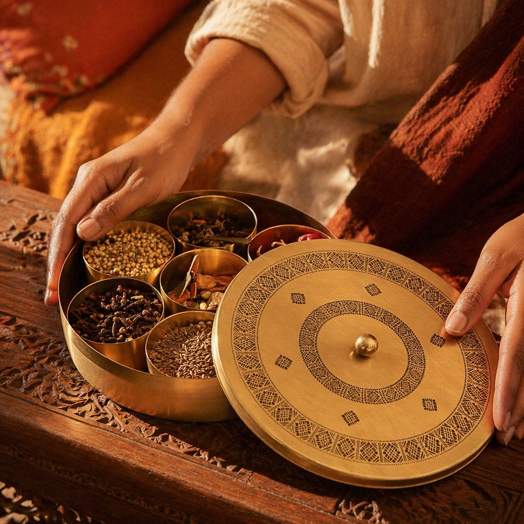 Kanjeevaram Premium Pure Brass Masala Dabba, The Brass Atelier. Handmade in India by House of Taraasha.