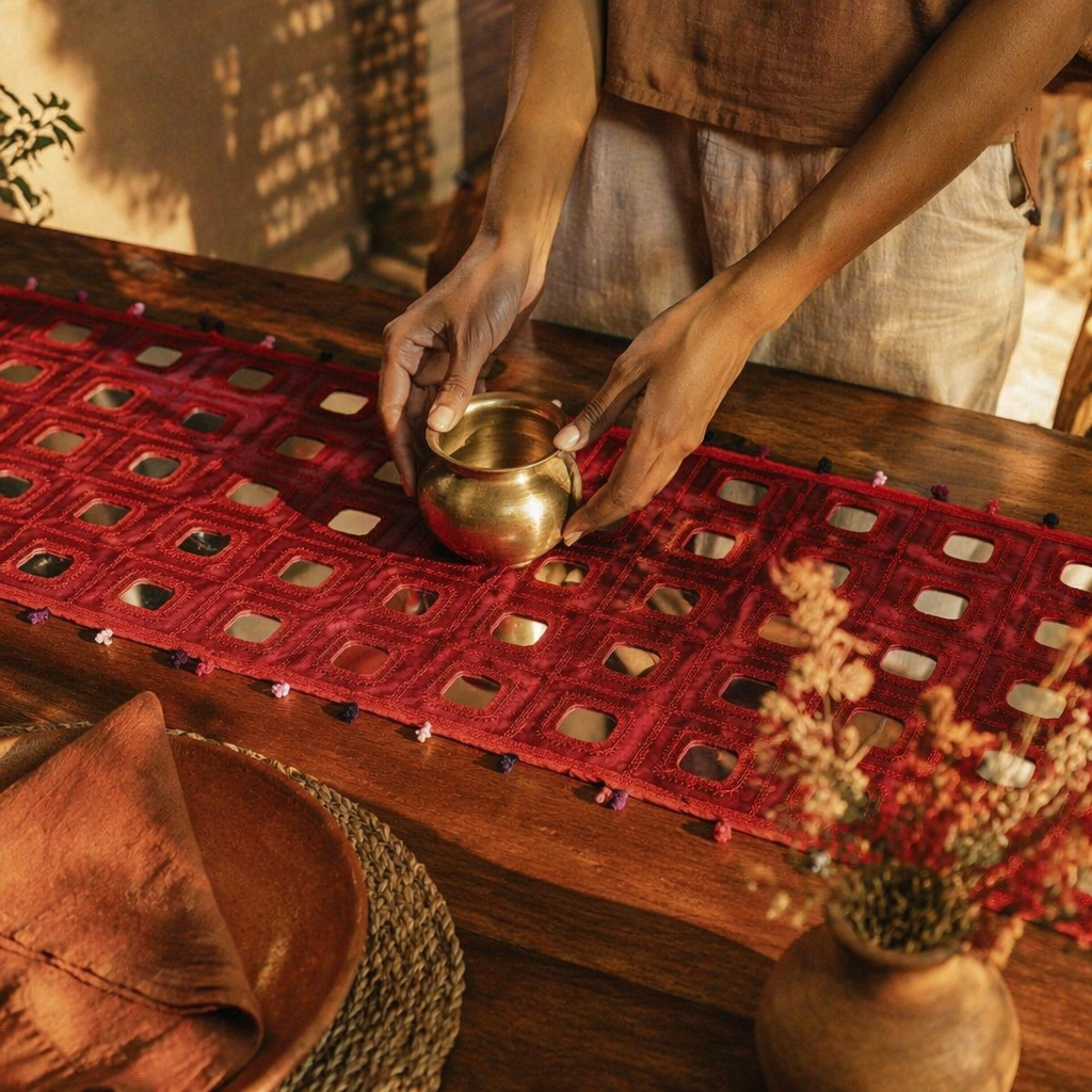 Lambani Mirrorwork Runner Maroon, The Gathered Table. Handmade in India by House of Taraasha.