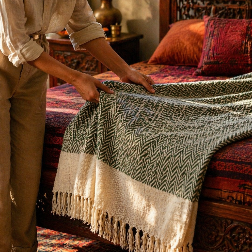 Chevron Green Handwoven Pure Cotton Throw, The Linen Room. Handmade in India by House of Taraasha.