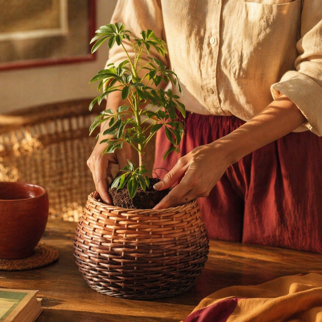 Brown to Indigo Kashmiri Willow Wicker Planter, The Art Wall. Handmade in India by House of Taraasha.