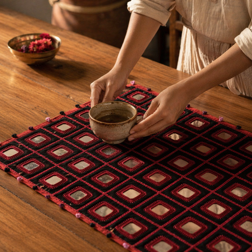 Lambani Mirrorwork Runner Red and Black, The Gathered Table. Handmade in India by House of Taraasha.