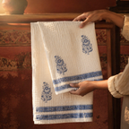 Off White and Blue Hand Block-Printed Towel Set, The Linen Room. Handmade in India by House of Taraasha.