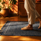 Dabu Lattice Mud-Resist Block-Printed Indigo Cotton Rug, The Woven Floor. Handmade in India by House of Taraasha.