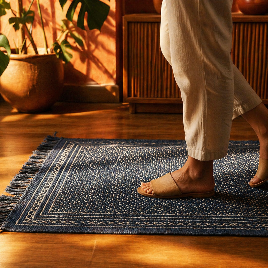 Dabu Lattice Mud-Resist Block-Printed Indigo Cotton Rug, The Woven Floor. Handmade in India by House of Taraasha.