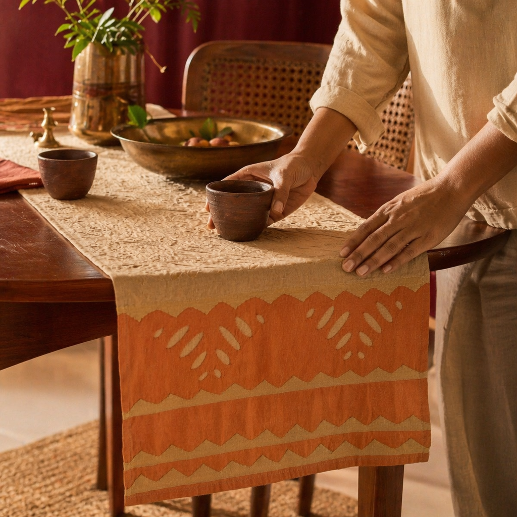 Applique Cutwork Runner Taupe and Rust, The Gathered Table. Handmade in India by House of Taraasha.
