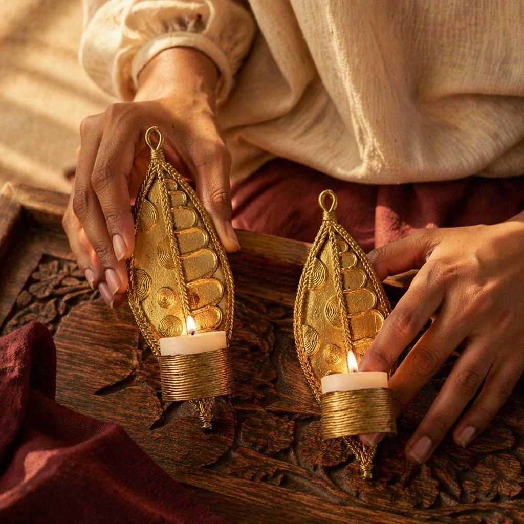 Dhokra Parna Brass Leaf Tealight Holders, Tribal Stories. Handmade in India by House of Taraasha.