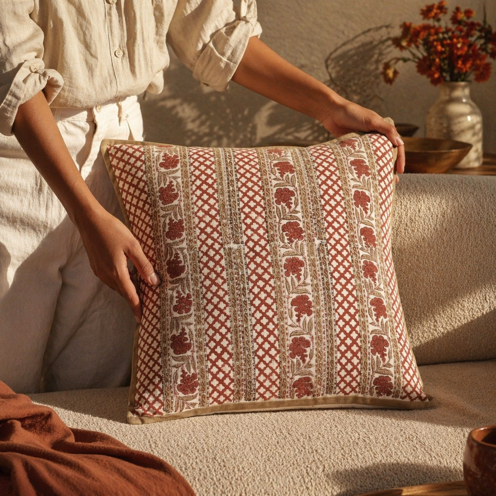 Ivory and Rust Hand Block-Printed Floral Cushion Cover. Handmade in India by House of Taraasha.