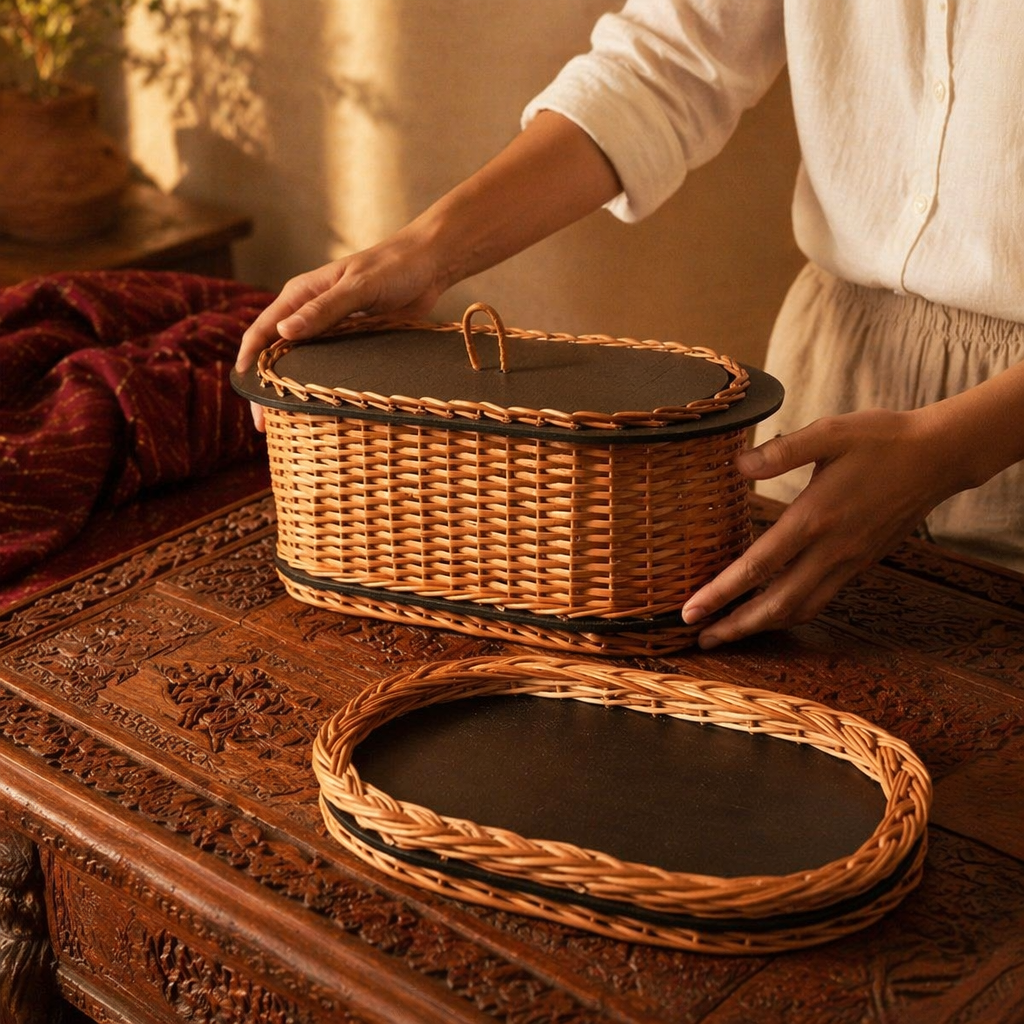Kashmiri Willow Wicker Bread Box & Serving Tray, The Brass Atelier. Handmade in India by House of Taraasha.