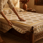 Jaali Ivory and Taupe Block-Printed Bed Cover, The Linen Room. Handmade in India by House of Taraasha.