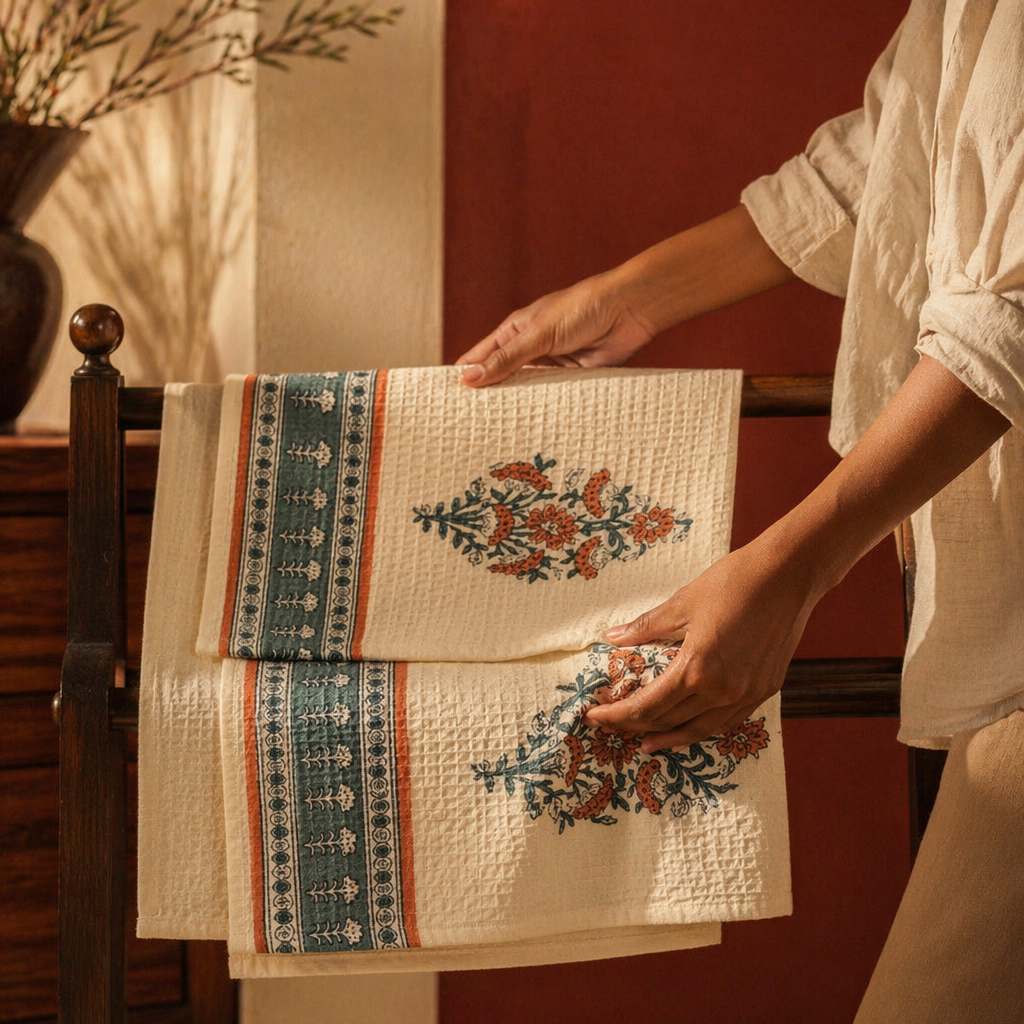 Peach and Teal Hand Block-Printed Waffle Cotton Towel Set, The Linen Room. Handmade in India by House of Taraasha.