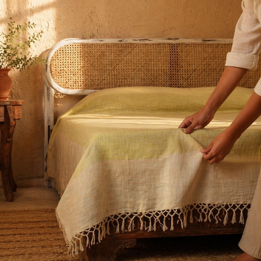 Leaf Green and Beige Handwoven Cotton Bed Cover, The Linen Room. Handmade in India by House of Taraasha.
