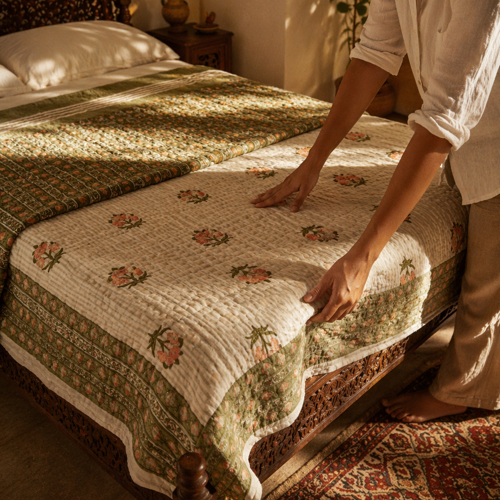 Dusty Pink & Green Reversible Mulmul Quilt, The Linen Room. Handmade in India by House of Taraasha.