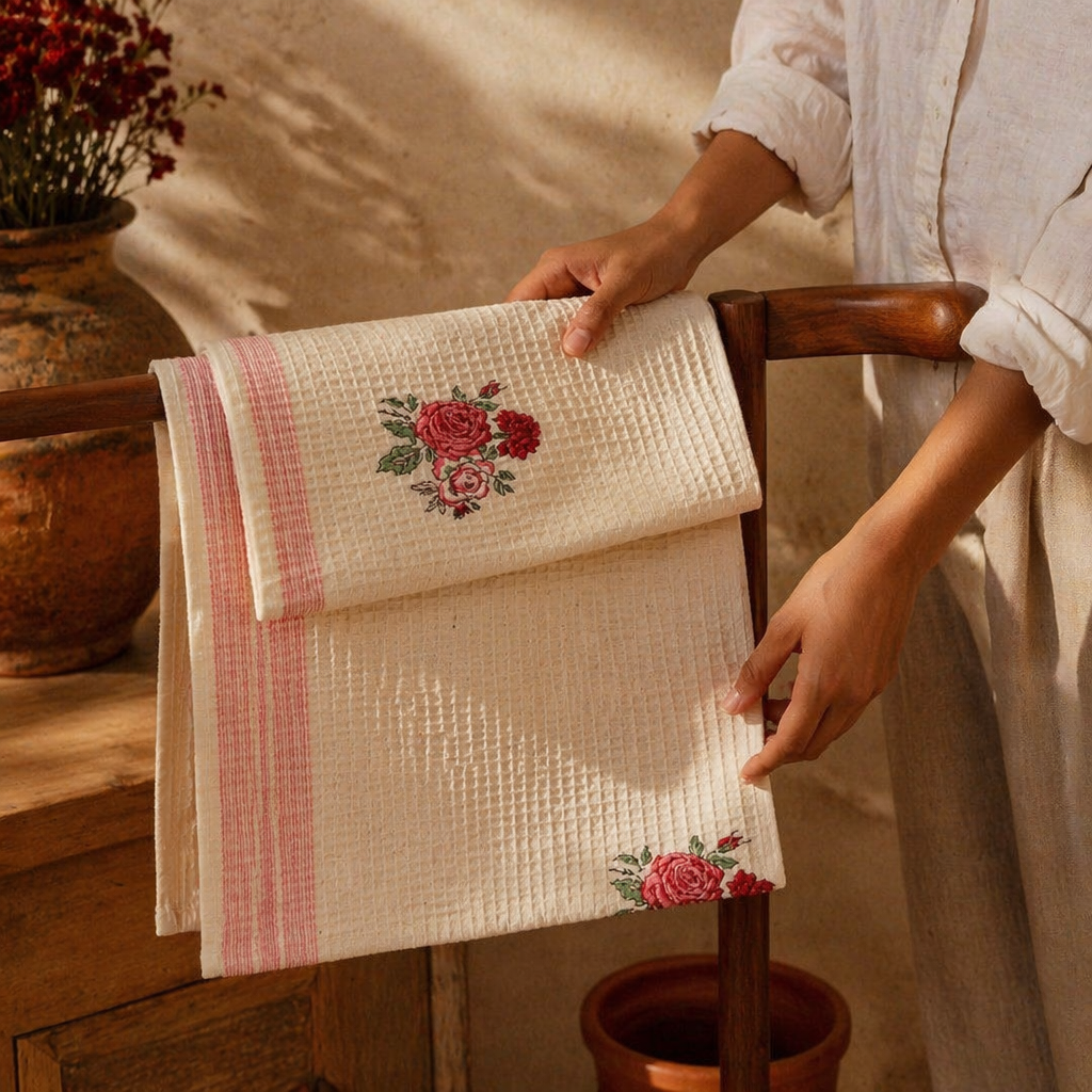 Rose Print Off White Hand Block-Printed Towel Set, The Linen Room. Handmade in India by House of Taraasha.