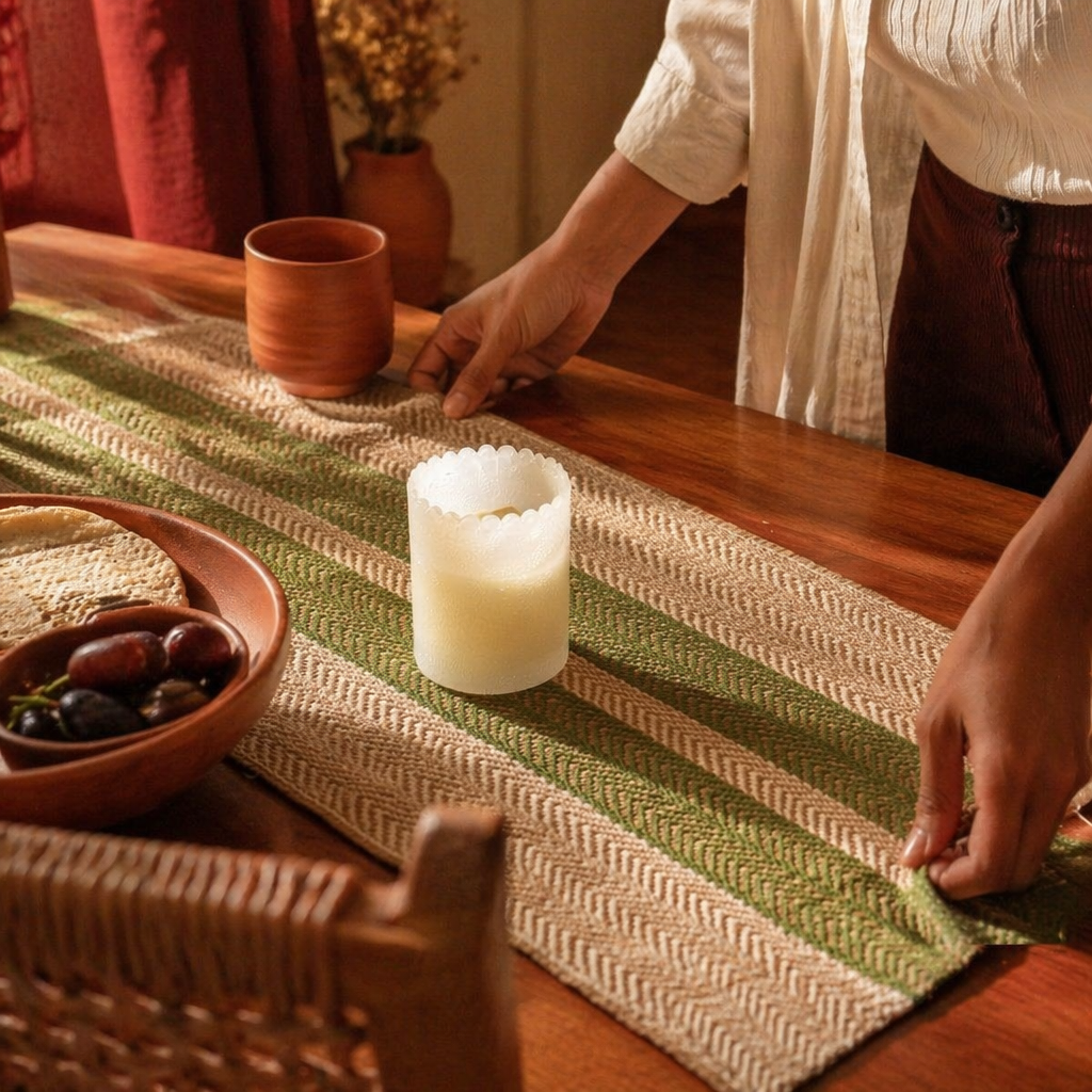 Madur Olive Handwoven Grass Table Runner, The Gathered Table. Handmade in India by House of Taraasha.