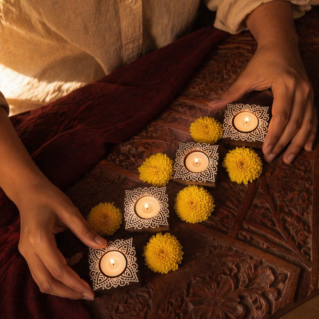 Carved Diya Hand-Engraved Wooden Tea Lights, Still Light. Handmade in India by House of Taraasha.