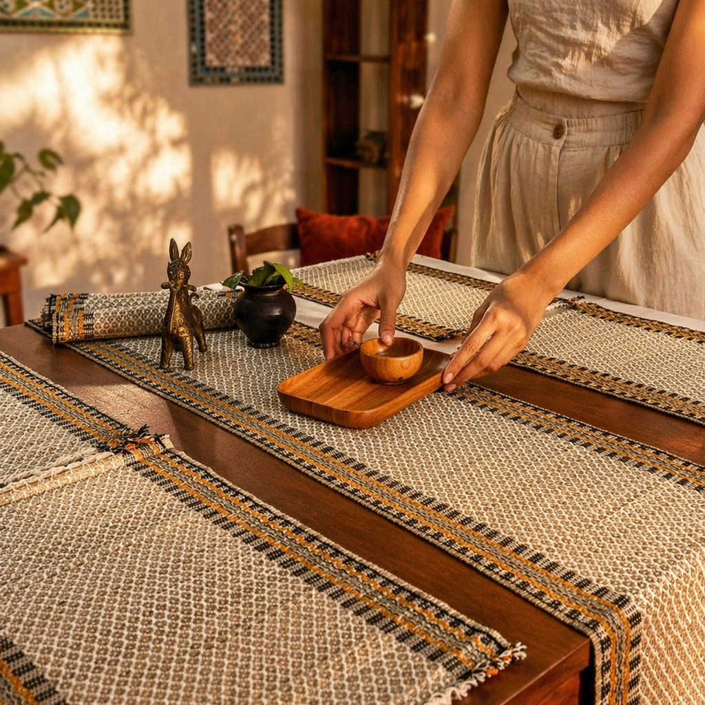 Madur Beige Handwoven Grass Mat & Runner Set, The Gathered Table. Handmade in India by House of Taraasha.