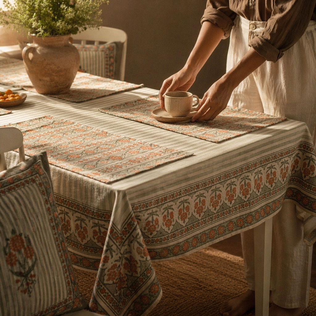 Green & Dusty Pink Floral Cotton Tablecloth & Mat Set, The Gathered Table. Handmade in India by House of Taraasha.