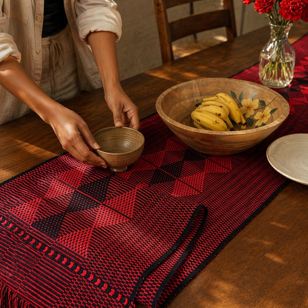 Red & Black Arrowhead Naga Backstrap-Woven Runner, The Gathered Table. Handmade in India by House of Taraasha.