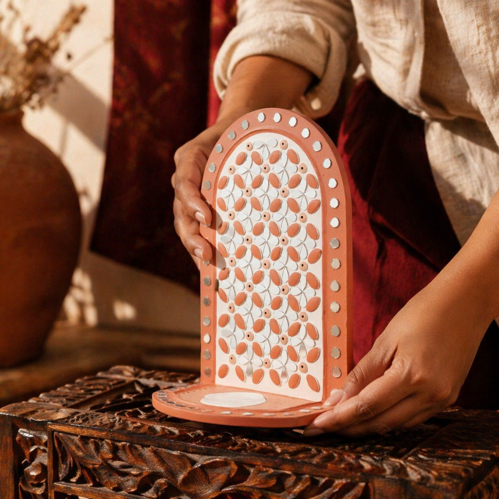 Dusty Pink Lippan Mud and Mirror Tea Light Holder, Still Light. Handmade in India by House of Taraasha.