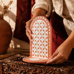 Dusty Pink Lippan Mud and Mirror Tea Light Holder, Still Light. Handmade in India by House of Taraasha.